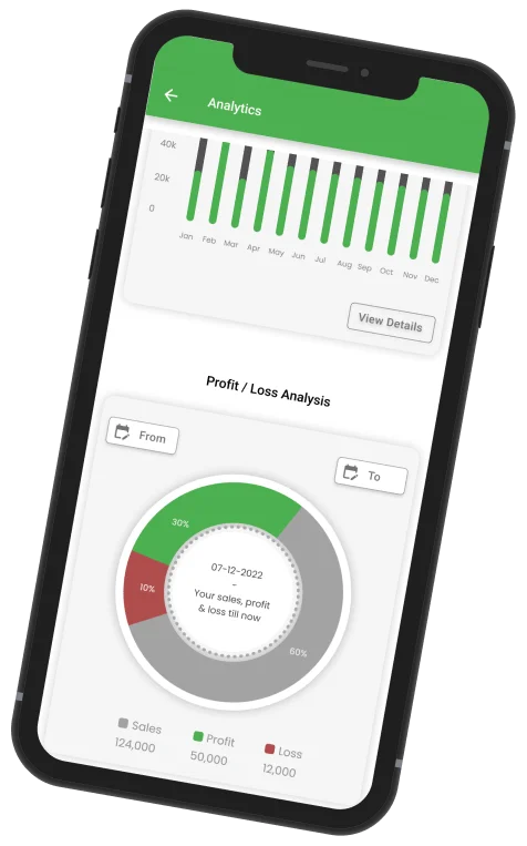 ManageKaro mobile app analytics screen with monthly sales chart and profit and loss breakdown